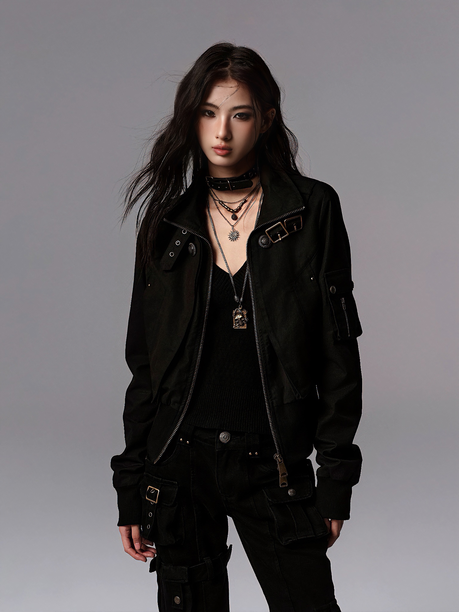 Cyber-Military Tactical Bomber Jacket – Buckled High-Collar Streetwear